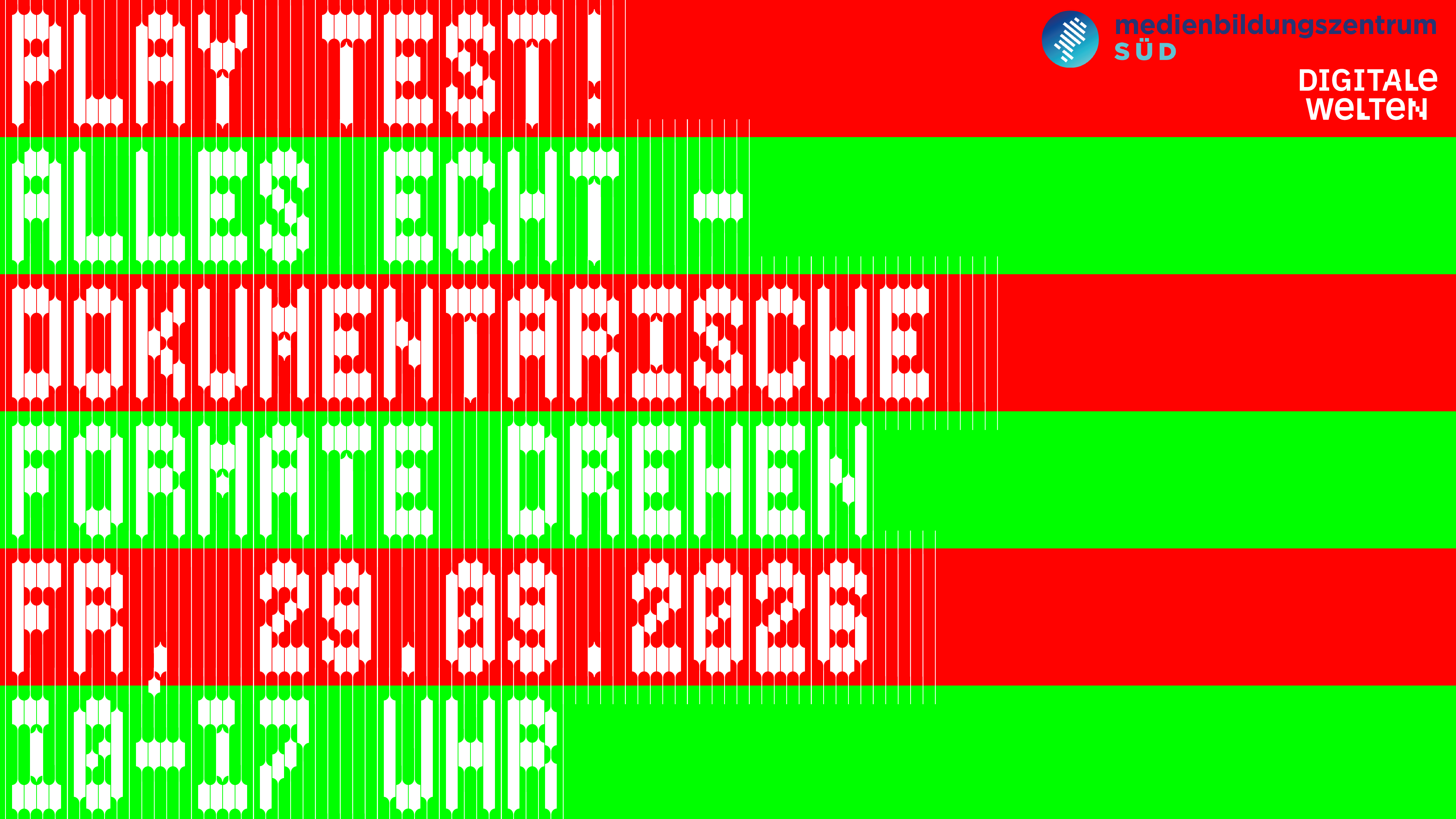 graphic for Play Test workshop – red and green stripes with funky, playful typeface saying "Play Test! Alles Echt – Dokumentarische Formate Drehen"